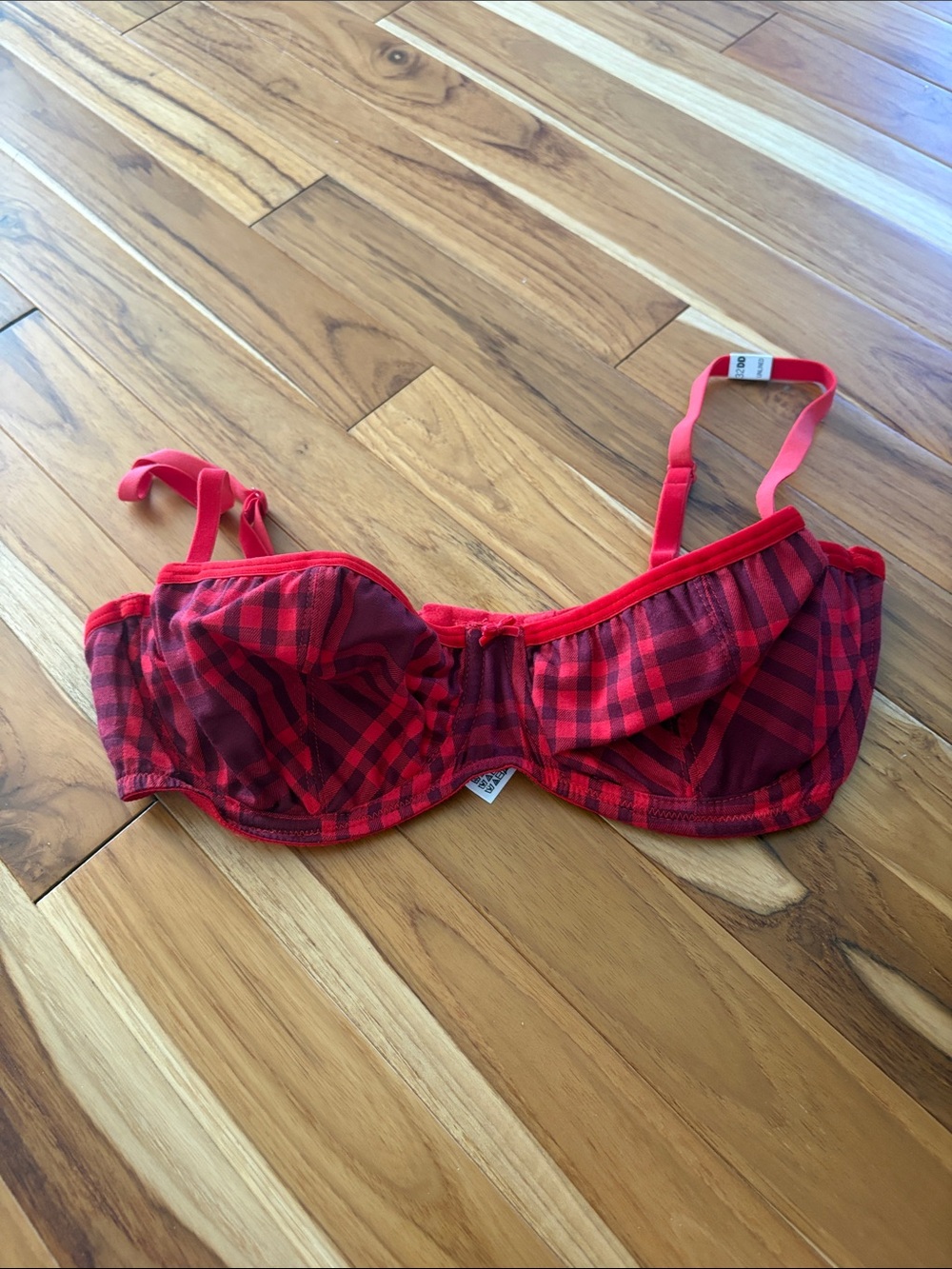 Red Plaid Balconette Bra with Mesh Panels - Women Intimates